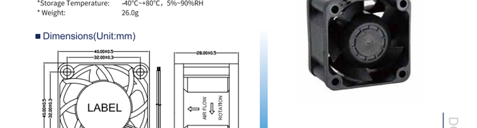 航達(dá)輝 HD4028U24B 風(fēng)扇風(fēng)機(jī) 直流風(fēng)扇 兩線接頭、三線FG信號(hào)線、三線RD報(bào)警線、四線PWM可調(diào)速 框架：塑料（黑色）94v-0 葉輪：塑料（黑色）94v-0 鉛導(dǎo)線：UL型或同等型號(hào)，AWG#28，紅色+，黑色- 操作溫度：-25℃~+70℃，相對(duì)溫度5%~90% 存儲(chǔ)溫度：-40℃~+80℃，相對(duì)溫度5%~90%