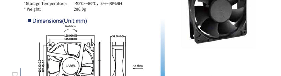 航達(dá)輝 HD1238U12B 風(fēng)扇風(fēng)機(jī) 直流風(fēng)扇 兩線接頭、三線FG信號線、三線RD報警線、四線PWM可調(diào)速 框架：塑料（黑色）94v-0 葉輪：塑料（黑色）94v-0 鉛導(dǎo)線：UL型或同等型號，AWG#28，紅色+，黑色- 操作溫度：-25℃~+70℃，相對溫度5%~90% 存儲溫度：-40℃~+80℃，相對溫度5%~90%
