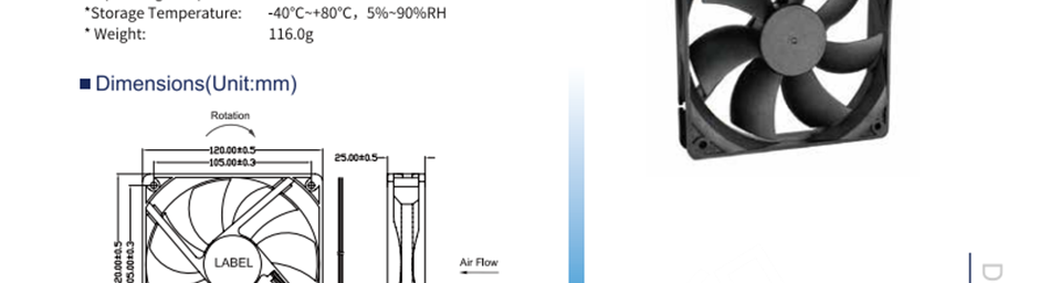 航達輝 HD1225M24B 風(fēng)扇風(fēng)機 直流風(fēng)扇 兩線接頭、三線FG信號線、三線RD報警線、四線PWM可調(diào)速 框架：塑料（黑色）94v-0 葉輪：塑料（黑色）94v-0 鉛導(dǎo)線：UL型或同等型號，AWG#28，紅色+，黑色- 操作溫度：-25℃~+70℃，相對溫度5%~90% 存儲溫度：-40℃~+80℃，相對溫度5%~90%